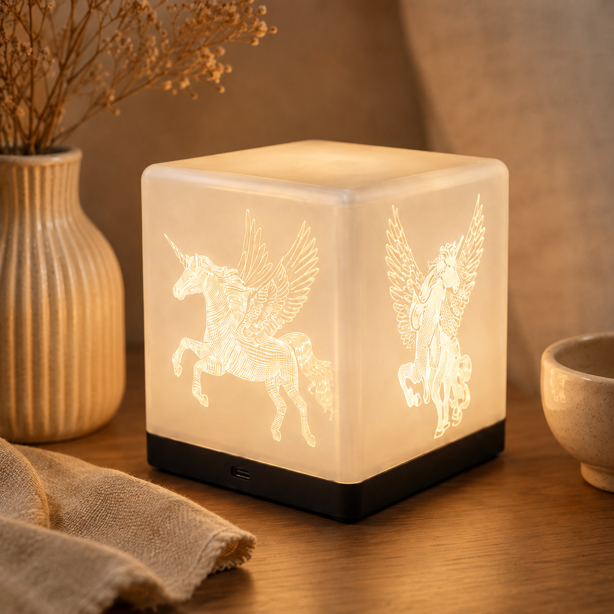 Close view of the engraved ambient lamp and physical base