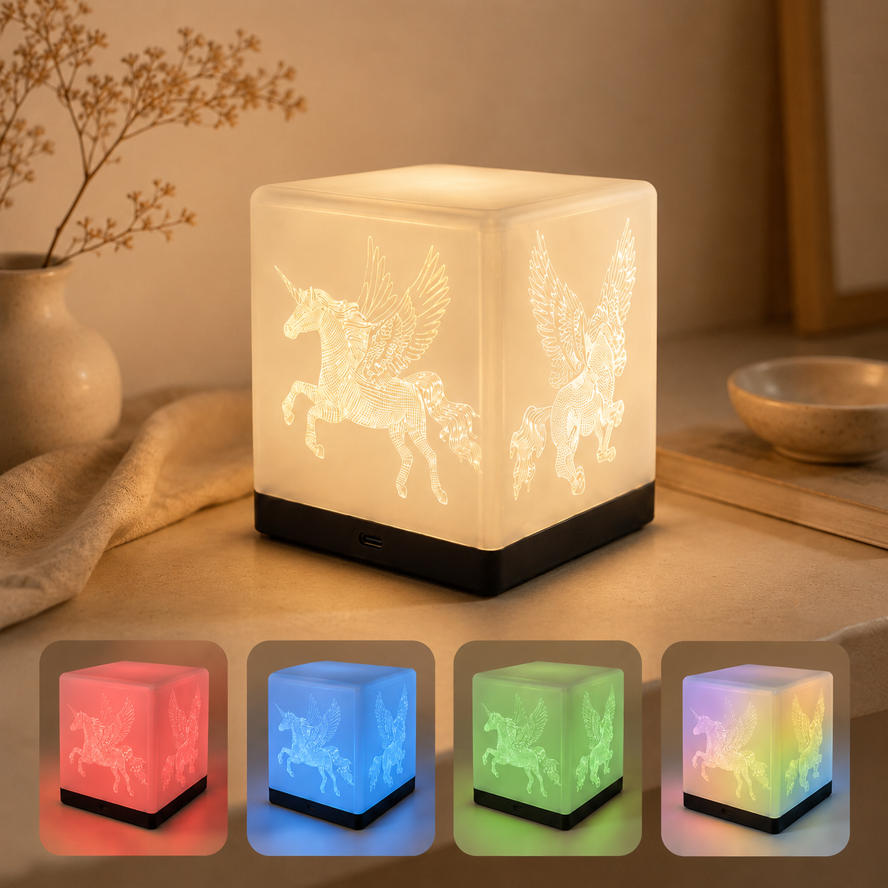 Engraved ambient lamp shown in multiple colour modes