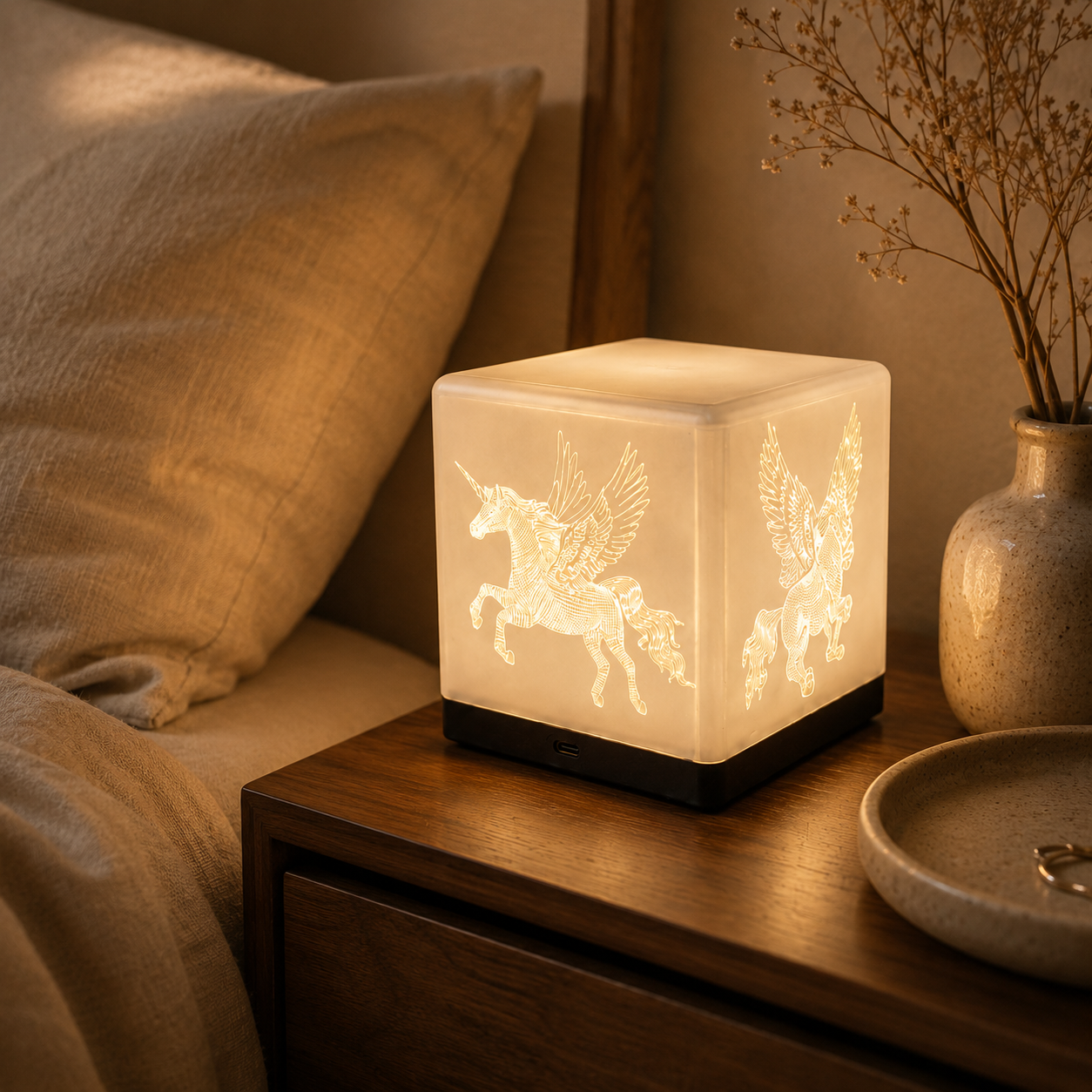 DaeNeu four-sided engraved ambient light glowing beside a bed
