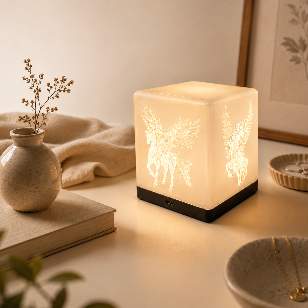 Four engraved faces glowing on the ambient lamp