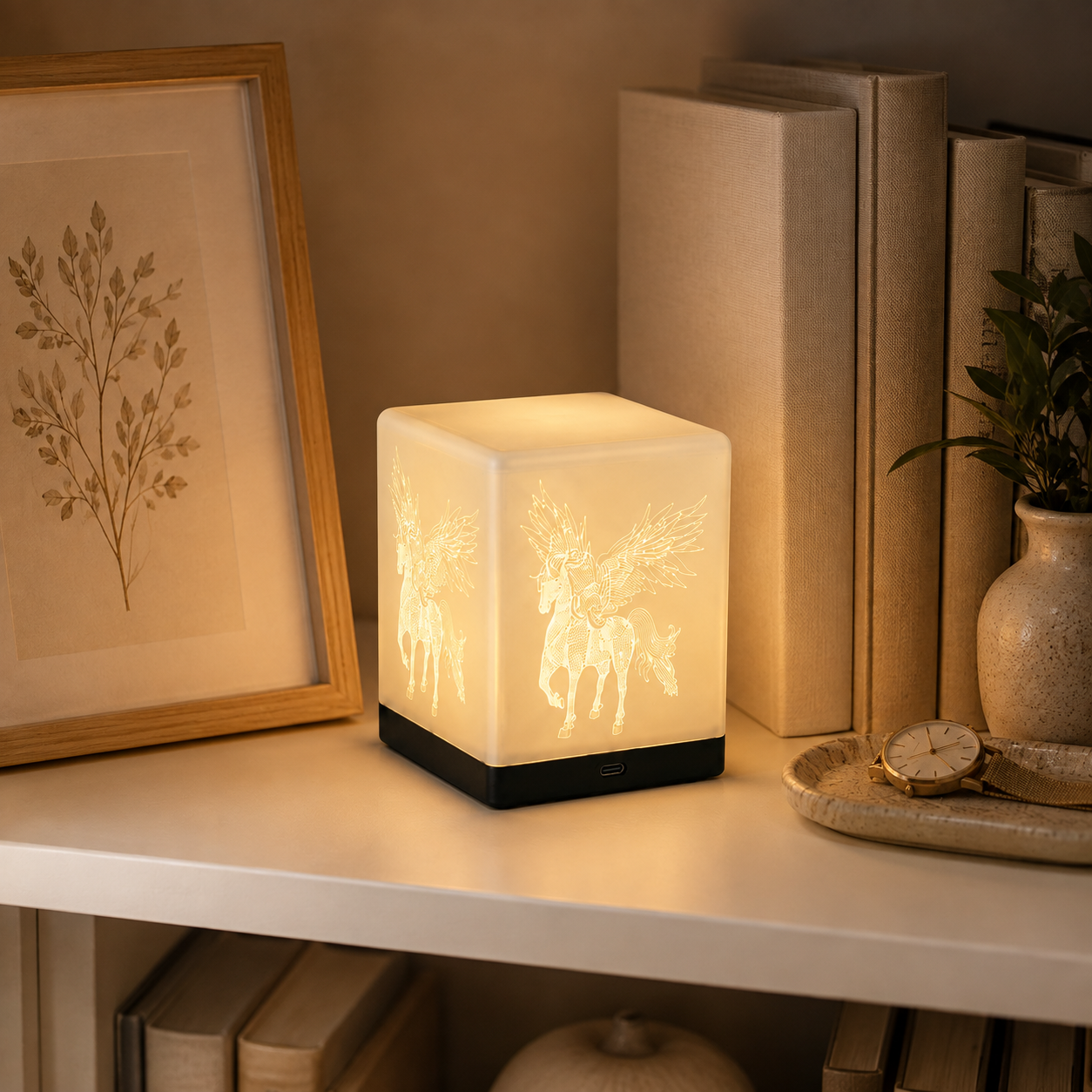 Cordless engraved ambient lamp glowing on a shelf
