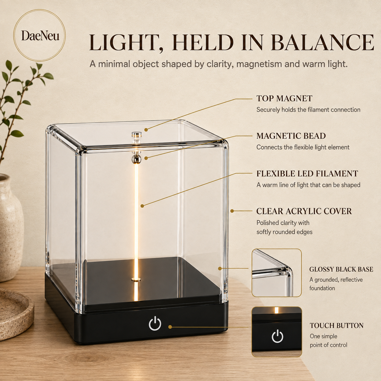 Magnetic balance lamp construction and materials