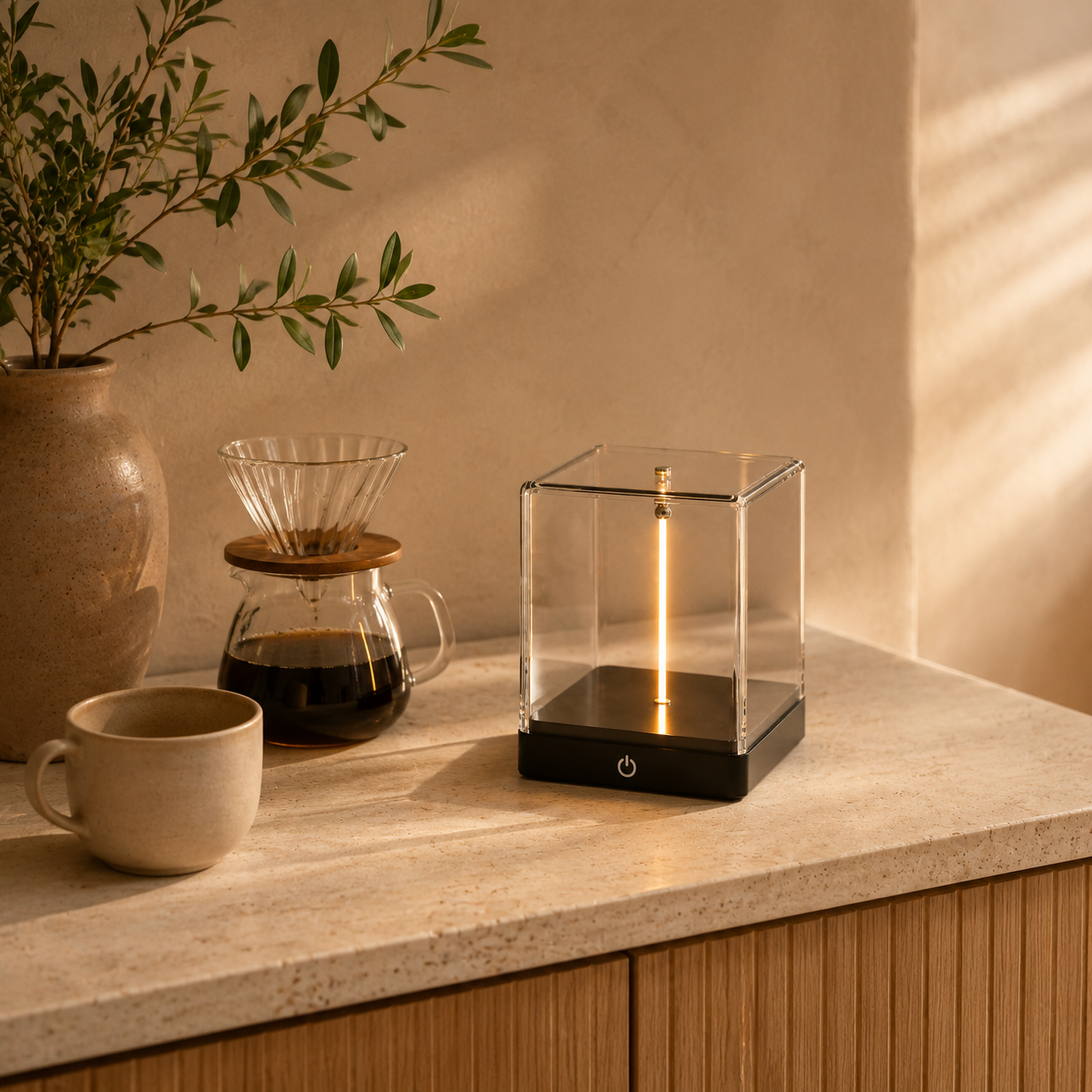 Magnetic balance lamp beside a coffee setting