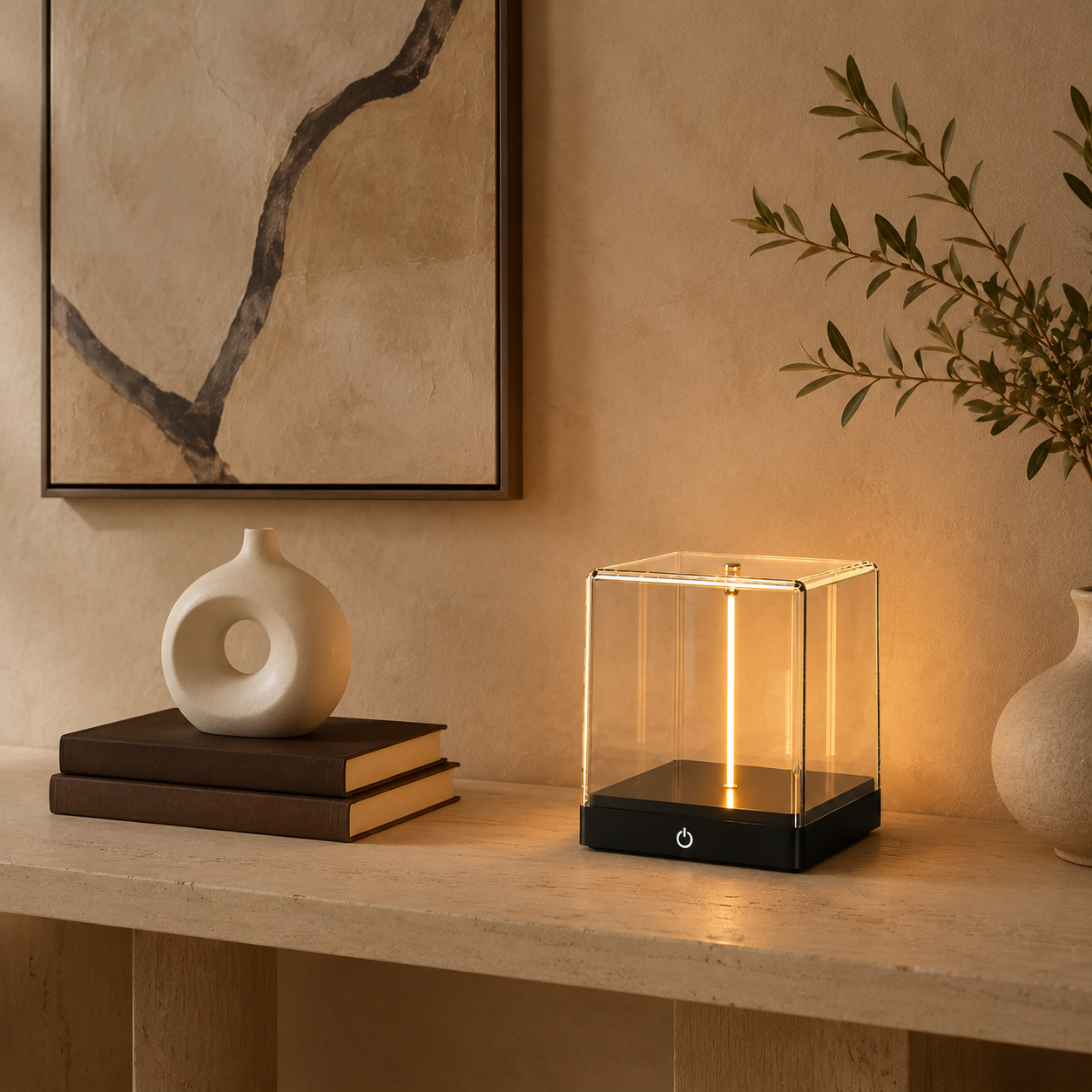 Magnetic filament balance lamp on a stone console