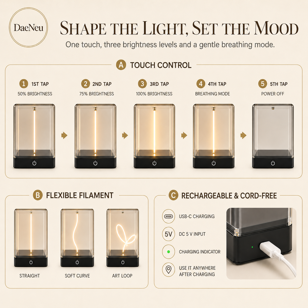 Magnetic balance lamp touch control and charging guide