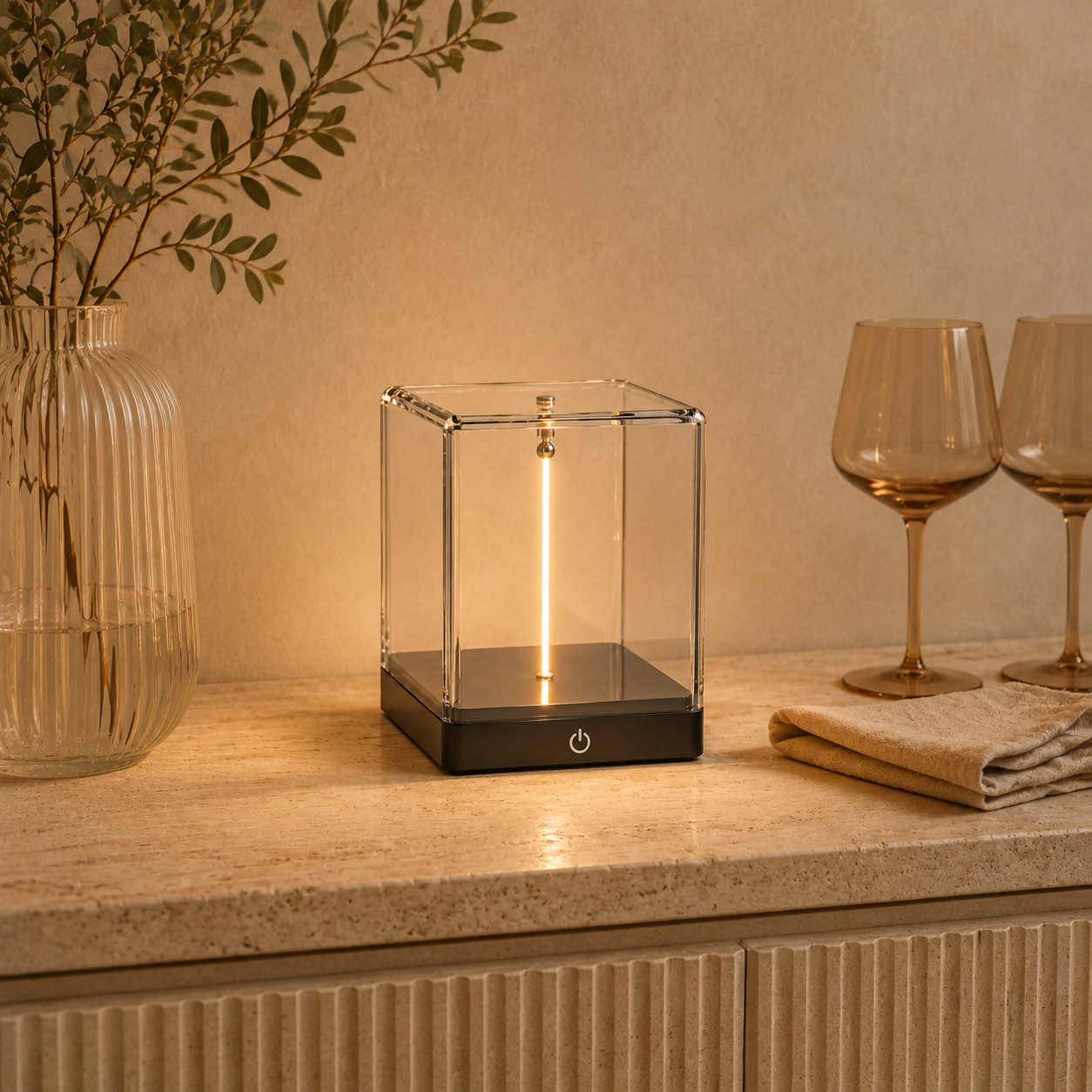 Magnetic balance lamp glowing on a dining counter