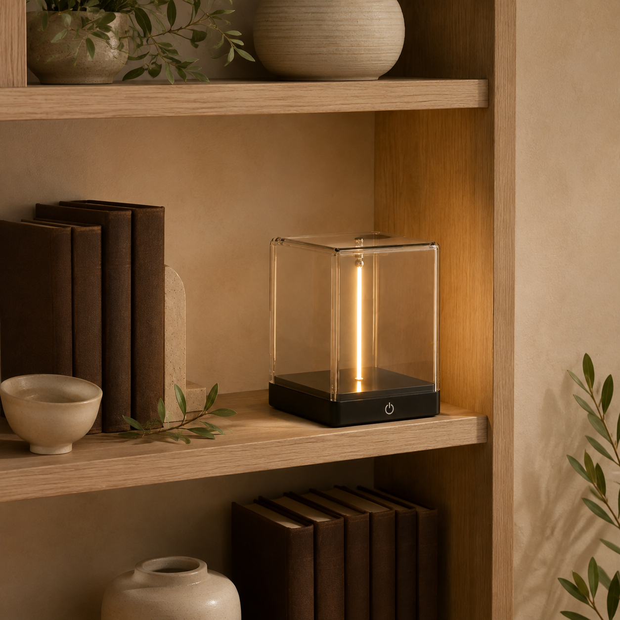 Magnetic balance lamp glowing on a shelf