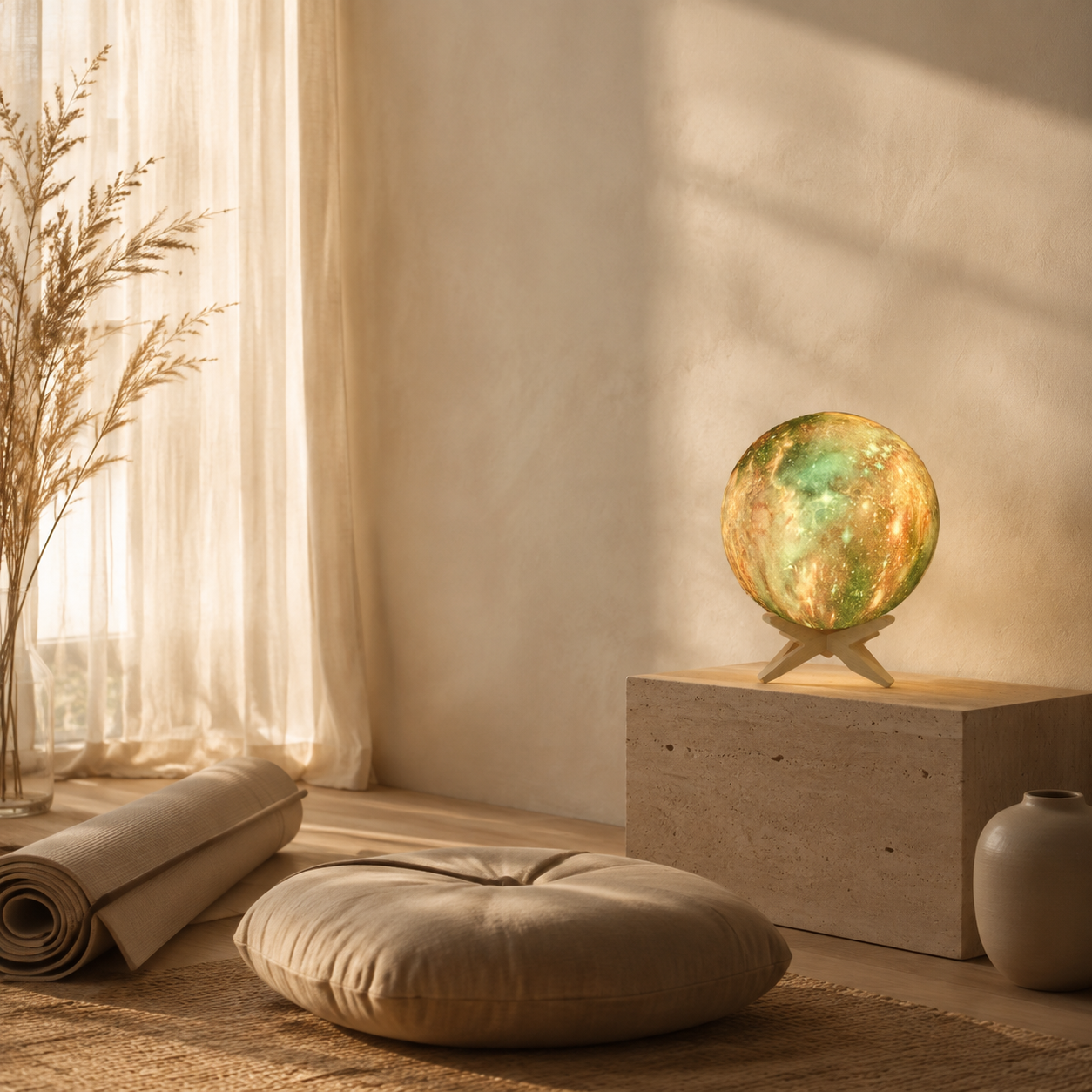 Galaxy colour light in a sunlit meditation room