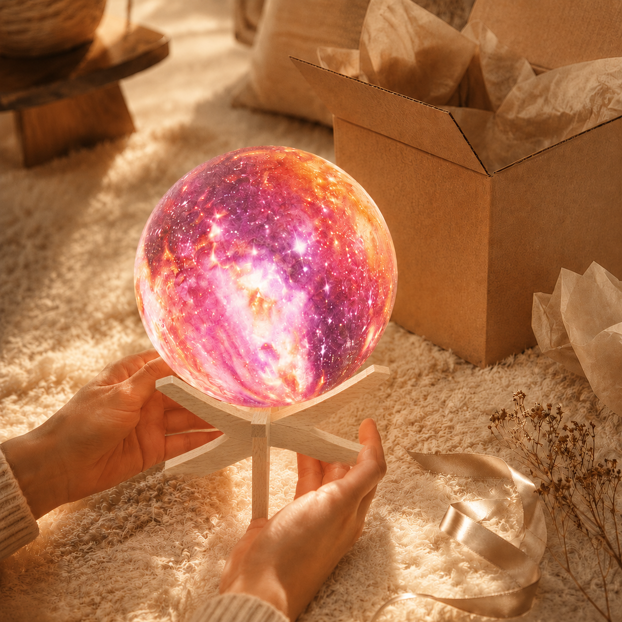 Galaxy light being placed beside a gift box