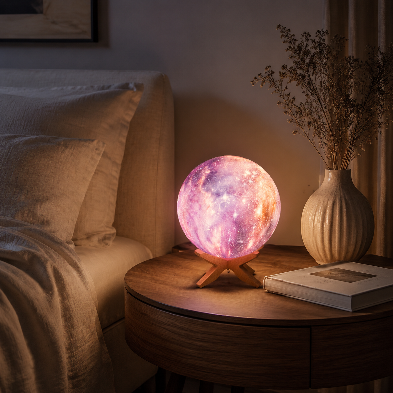 DaeNeu galaxy colour light glowing beside a bed