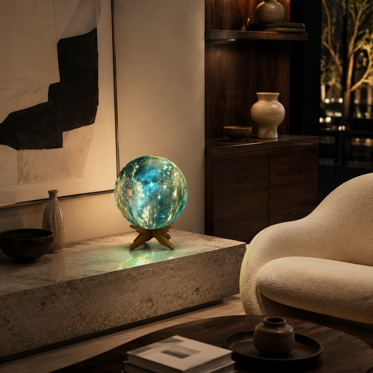 Blue and green galaxy light in a refined living room