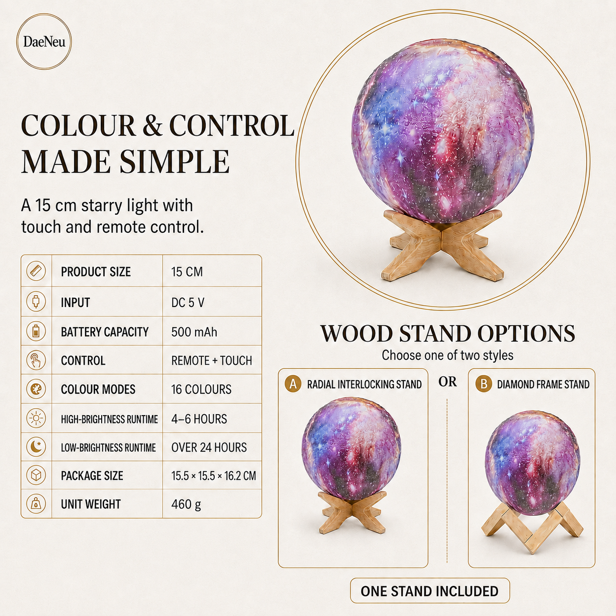 Galaxy light specifications and wood stand options