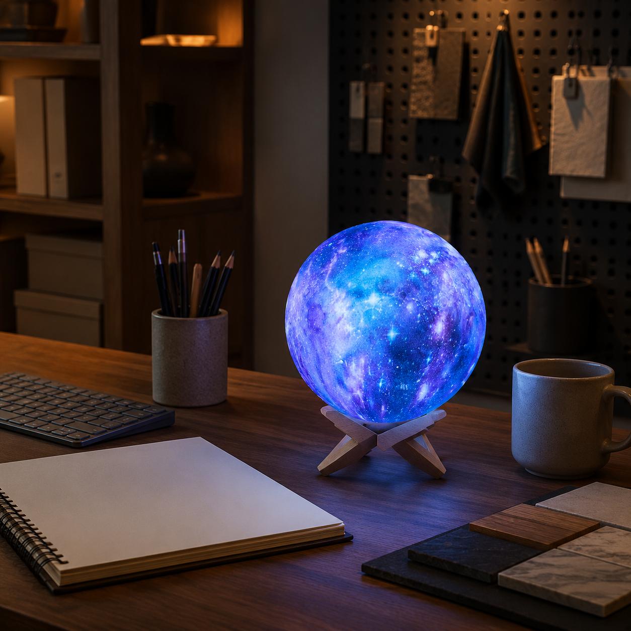 Blue galaxy light on a creative workspace desk