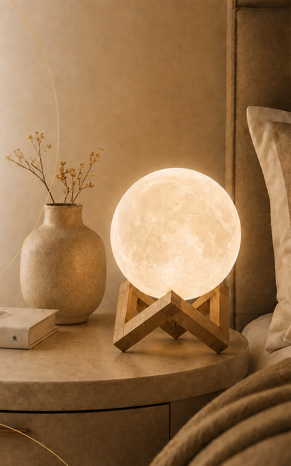 DaeNeu moon lamp glowing beside a vase and bed