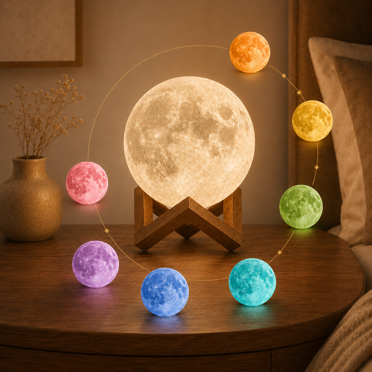 Moon lamp shown in a range of colour modes