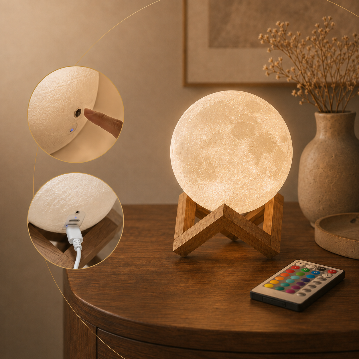 Moon lamp touch, charging and remote controls