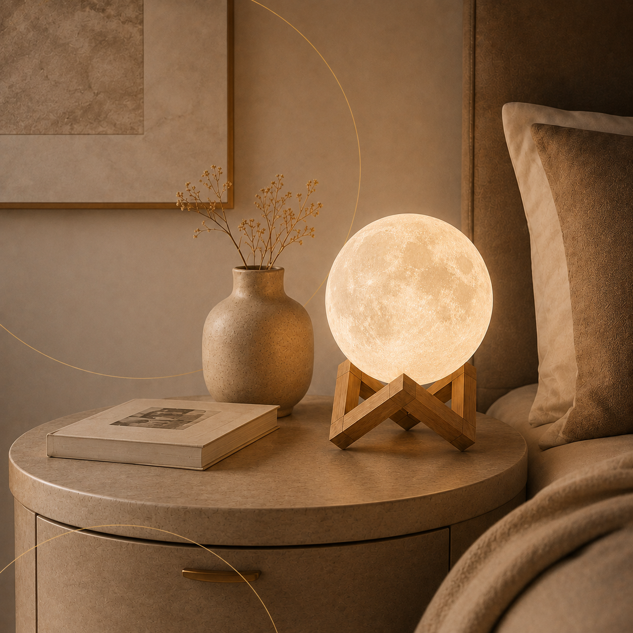 DaeNeu 3D Moon Lamp glowing beside a bed