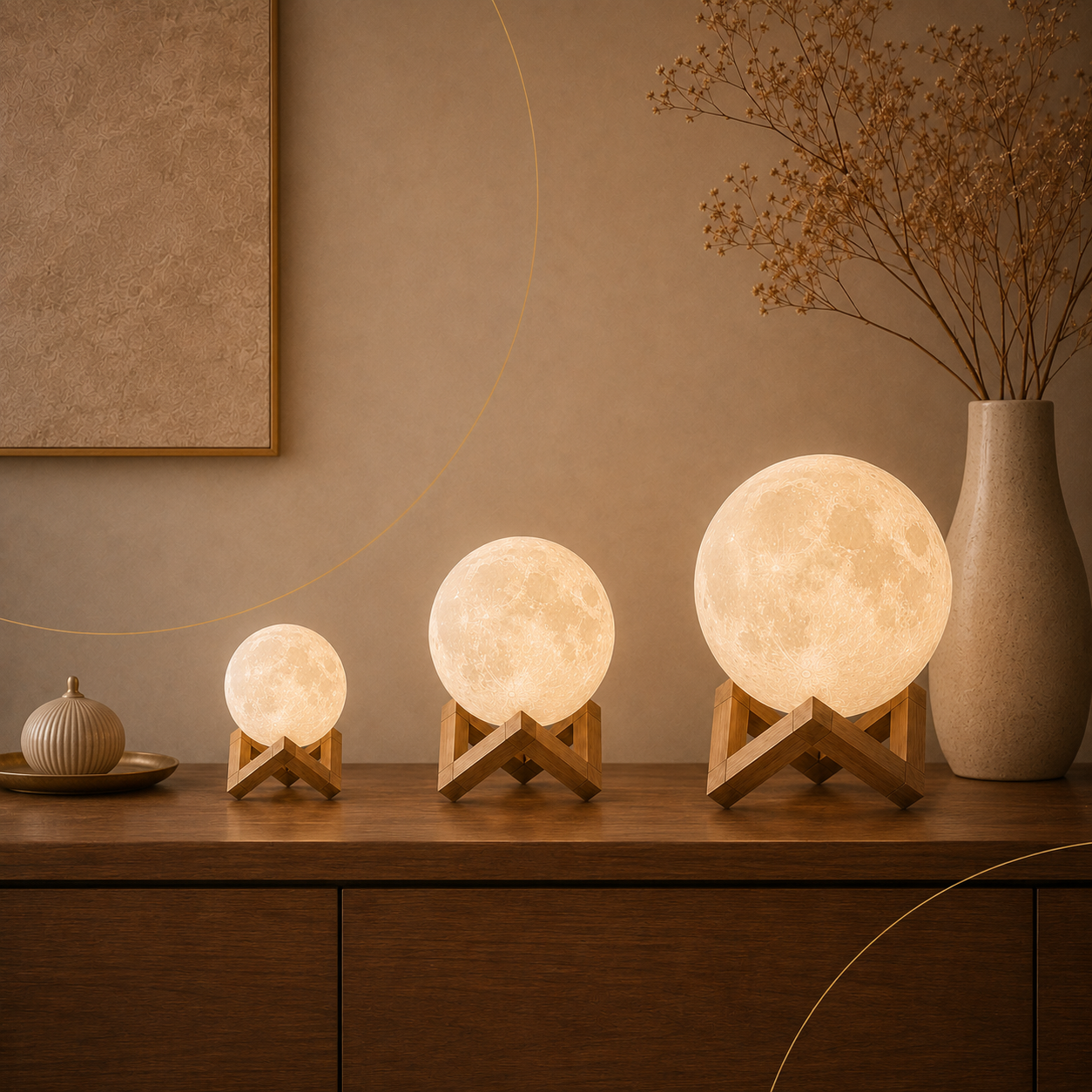 Moon lamp shown in three sizes