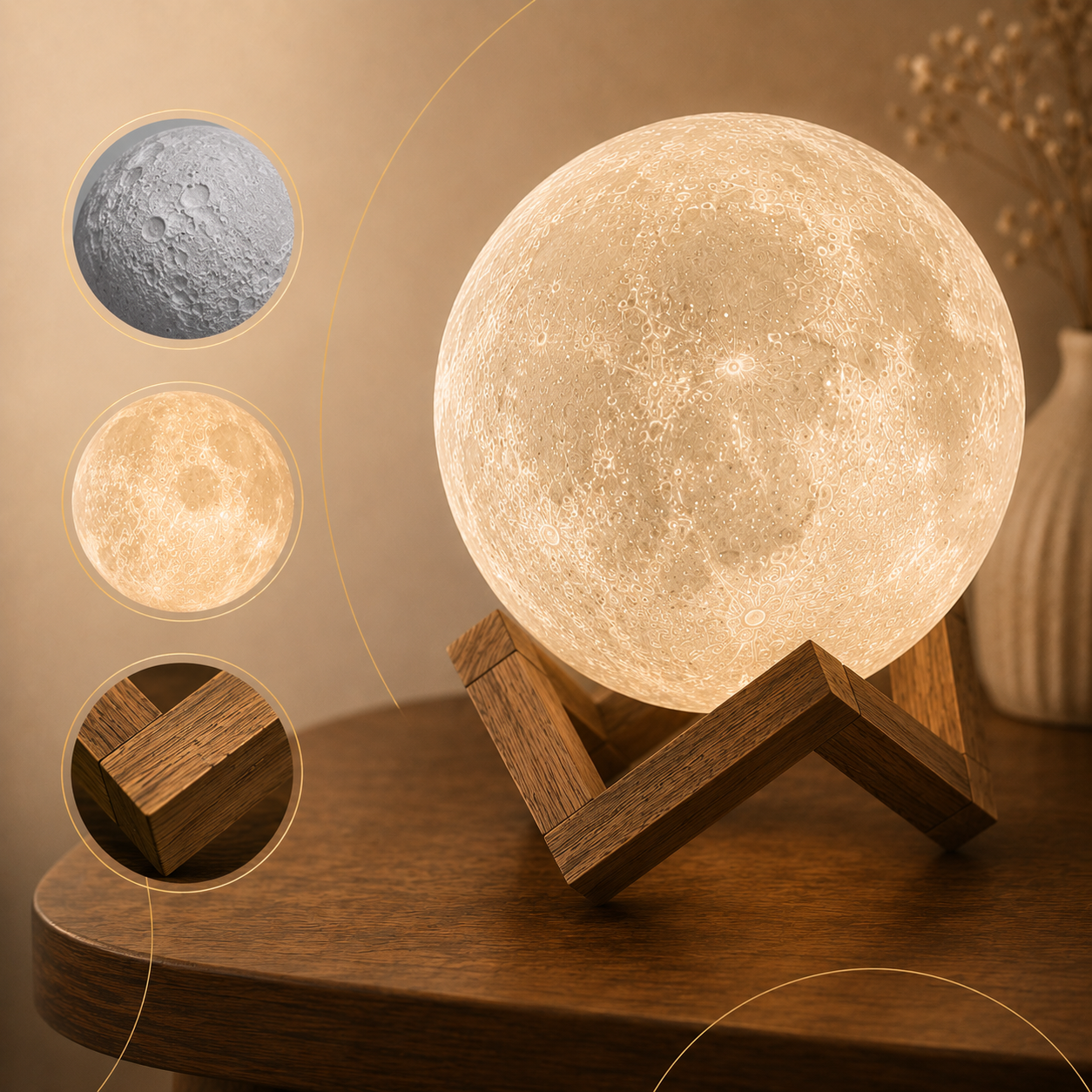Close view of the moon lamp's lunar relief and wood stand