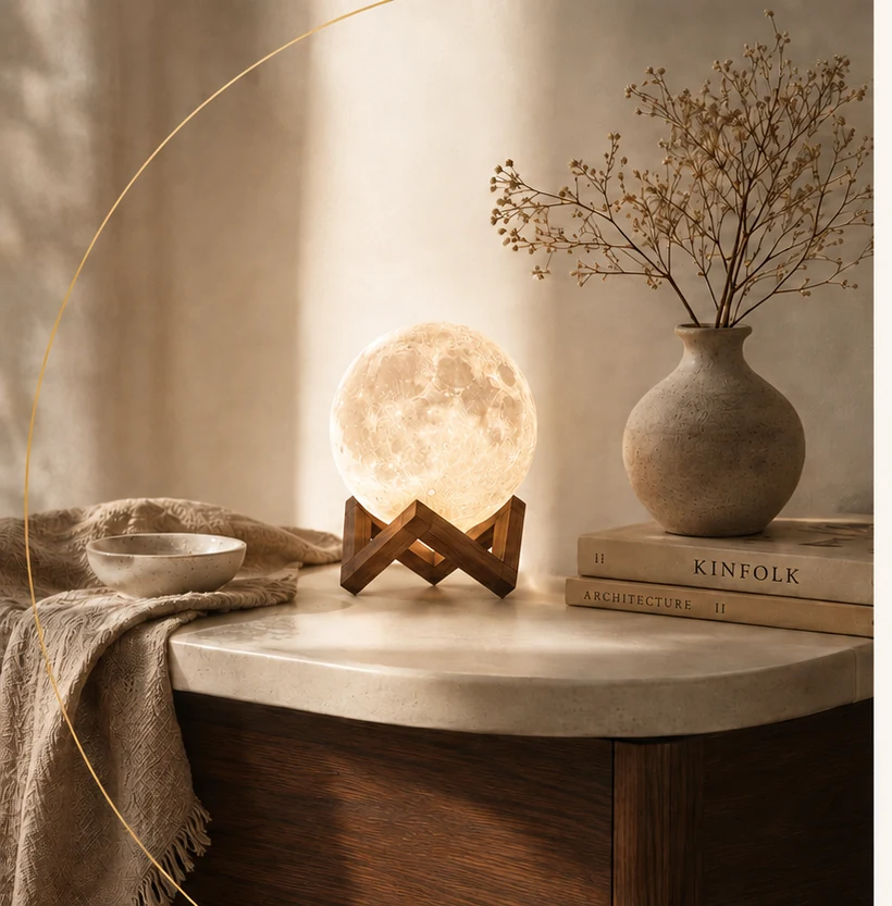 Moon lamp styled with natural materials