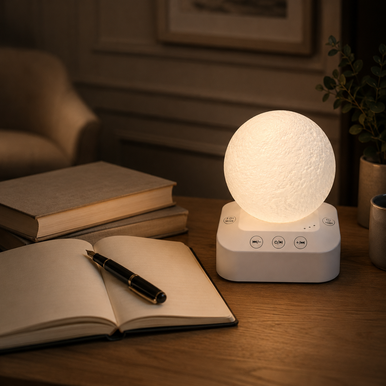 Light and sound rest companion beside an open journal