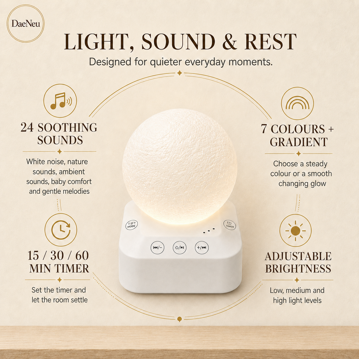 Rest companion light, sound, brightness and timer features