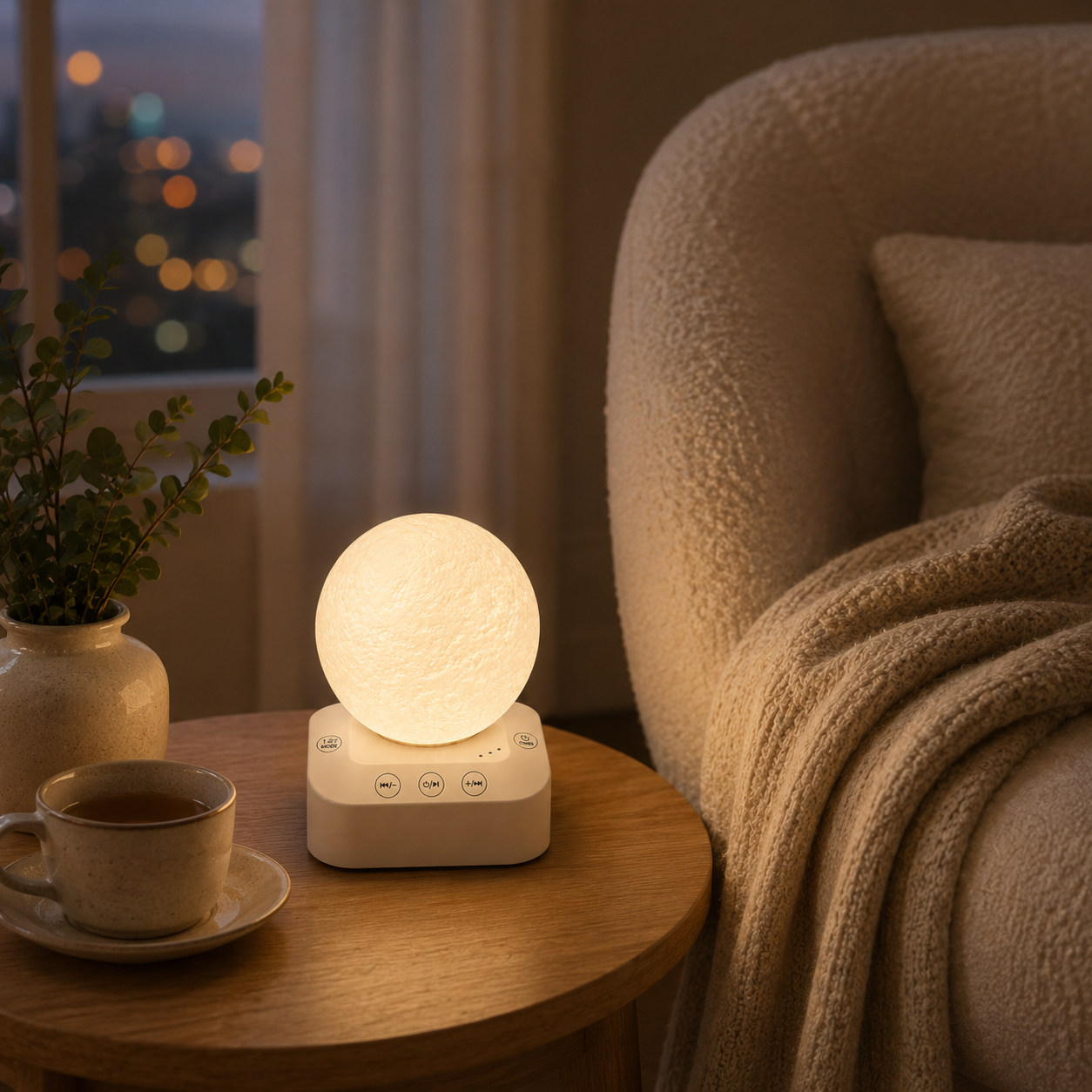 Rest companion glowing on a side table in a quiet lounge