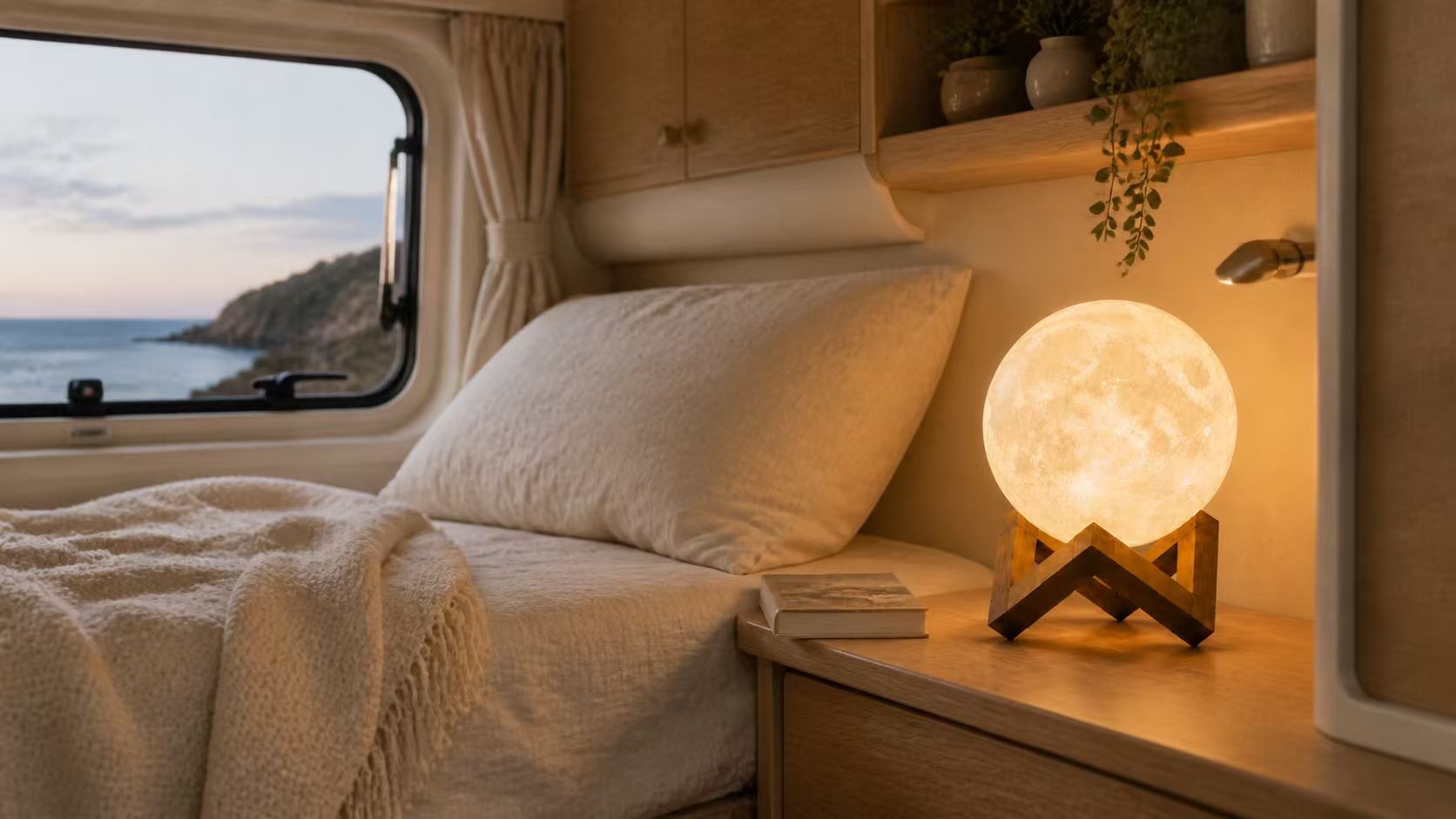 DaeNeu moon lamp beside a camper bed overlooking the coast