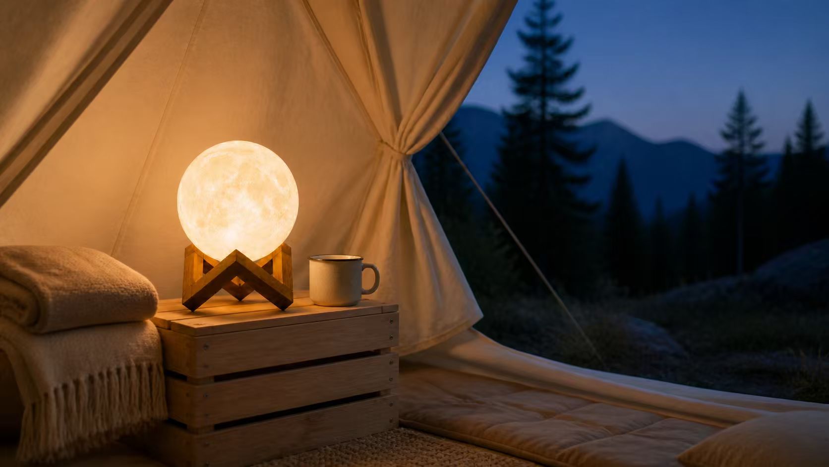 DaeNeu moon lamp glowing inside a tent at night