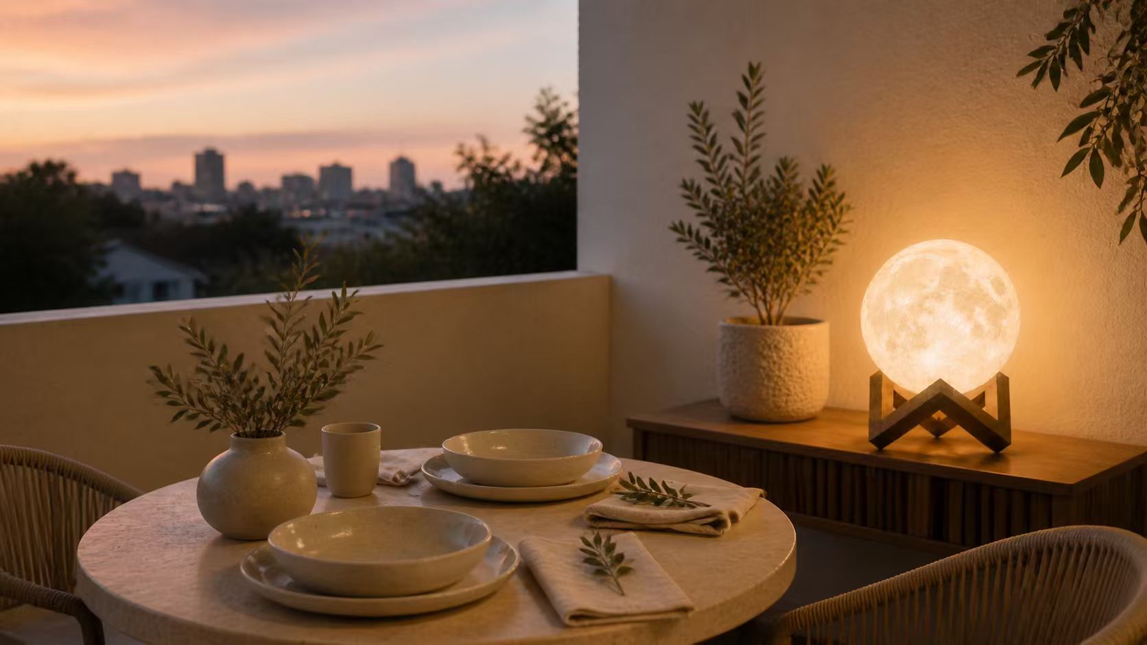 DaeNeu moon lamp illuminating a sunset dining table