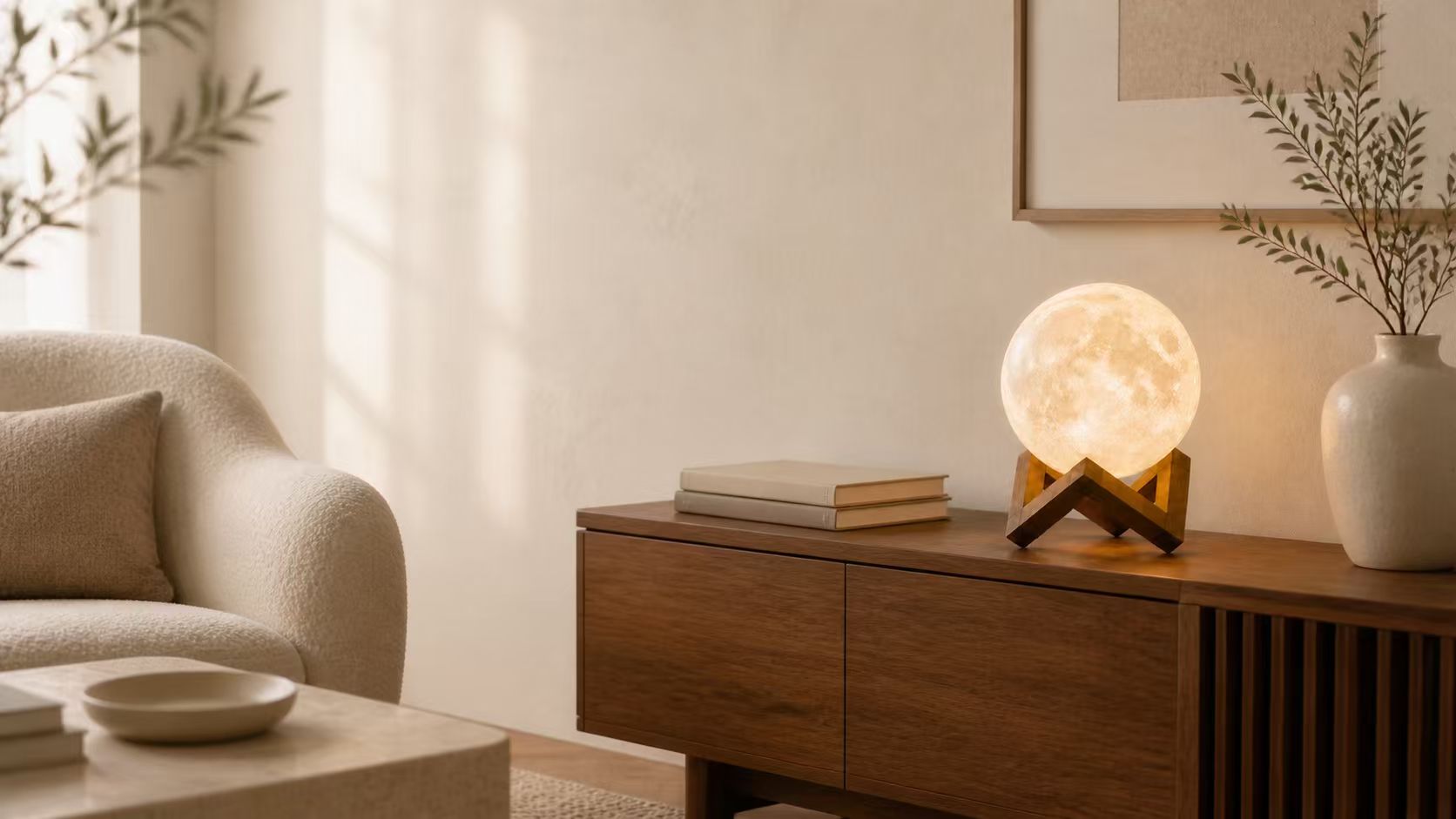 DaeNeu moon lamp bringing warm light to a quiet living room