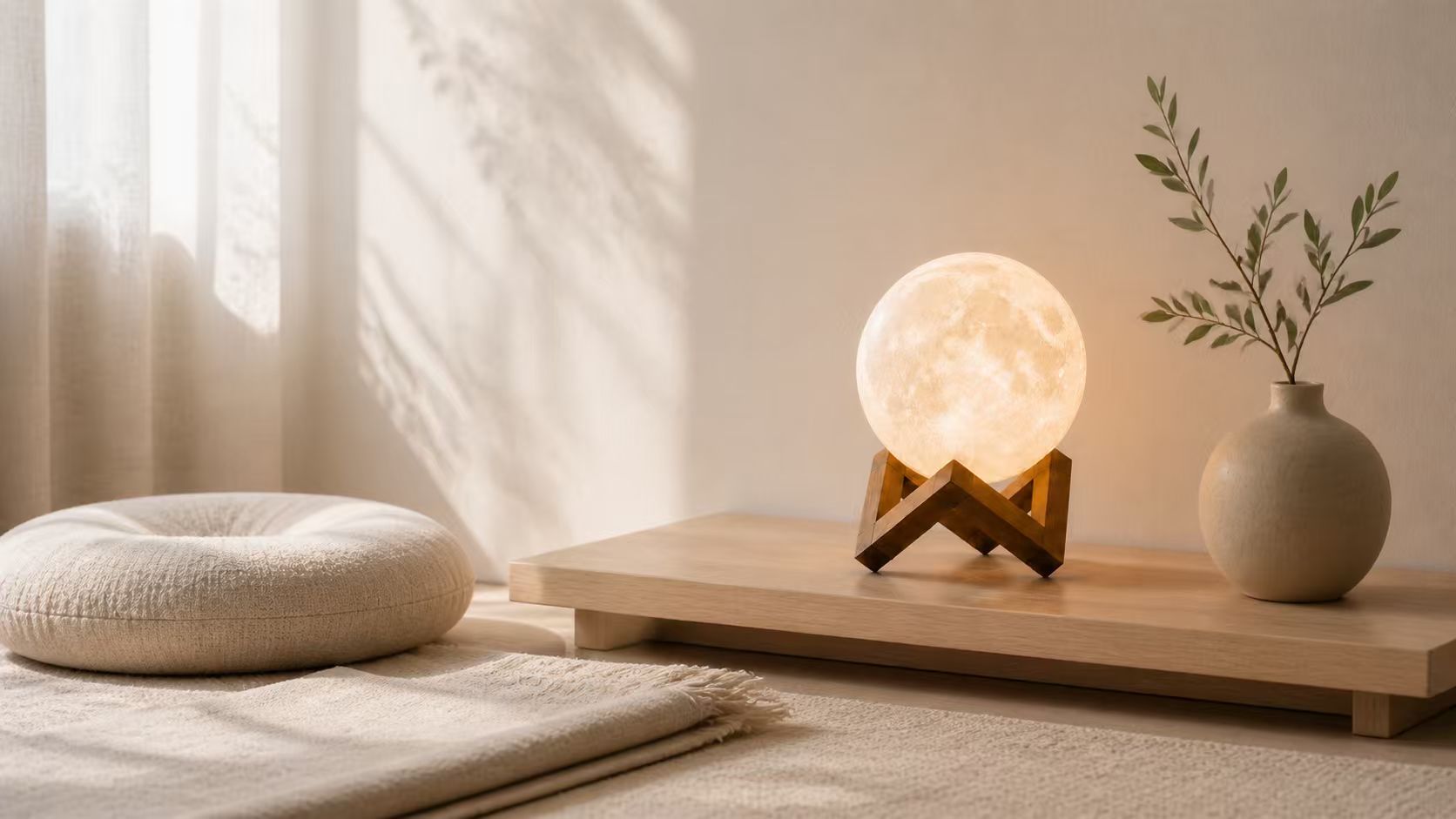 DaeNeu moon lamp in a peaceful sunlit meditation space