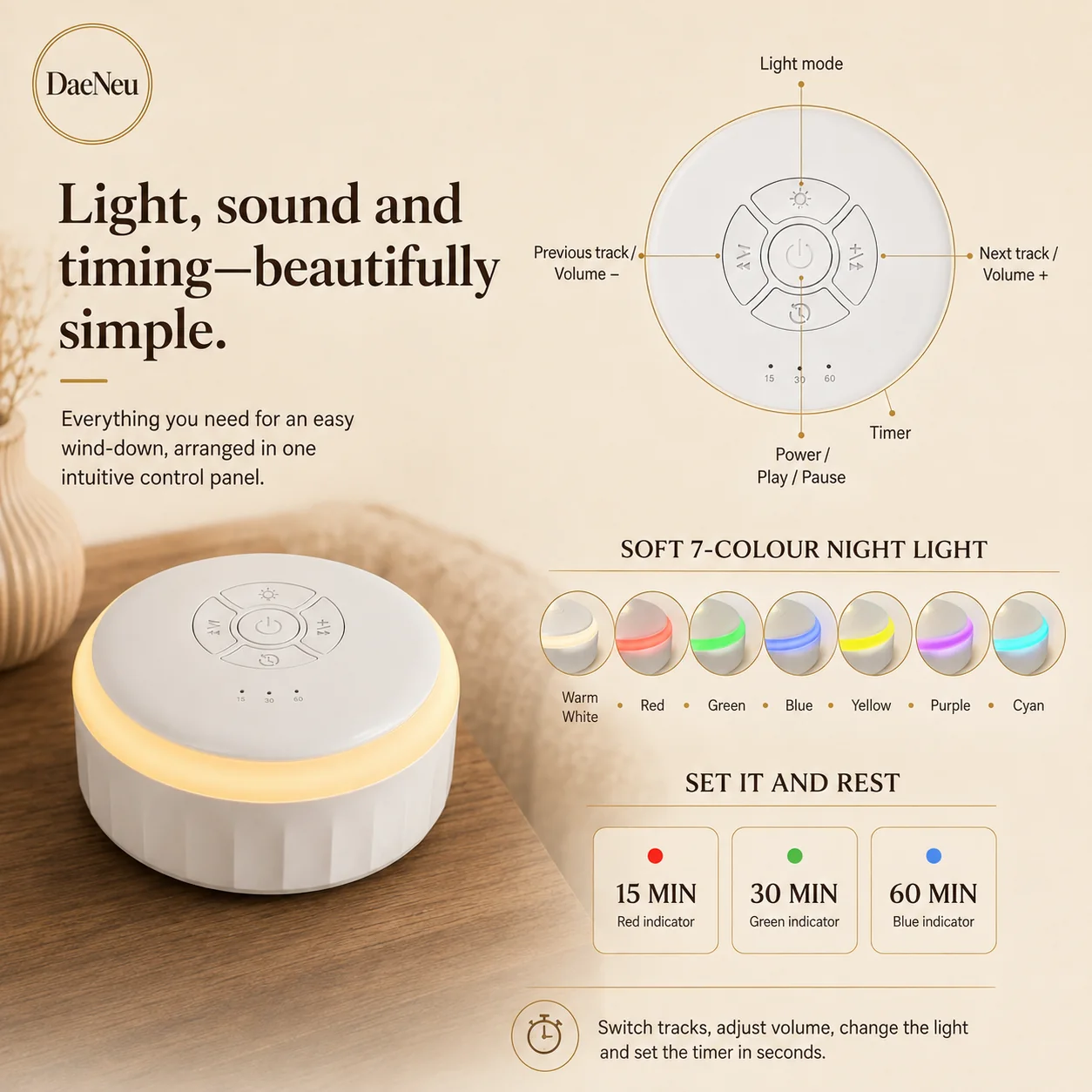White noise machine controls and light modes