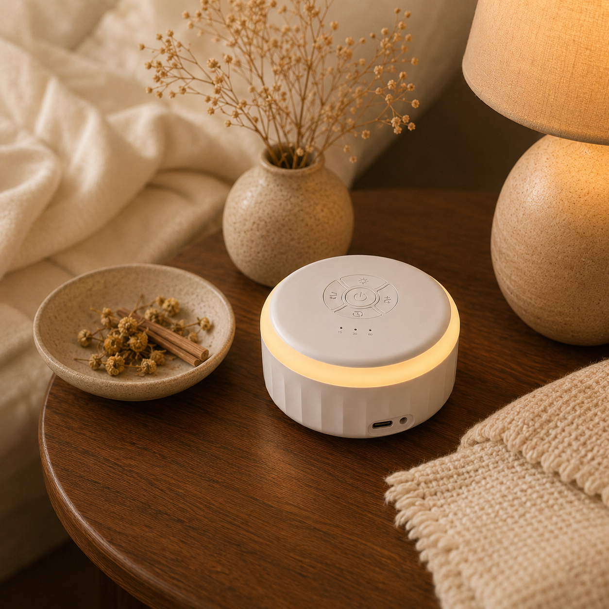 Portable sound machine creating a warm bedside glow