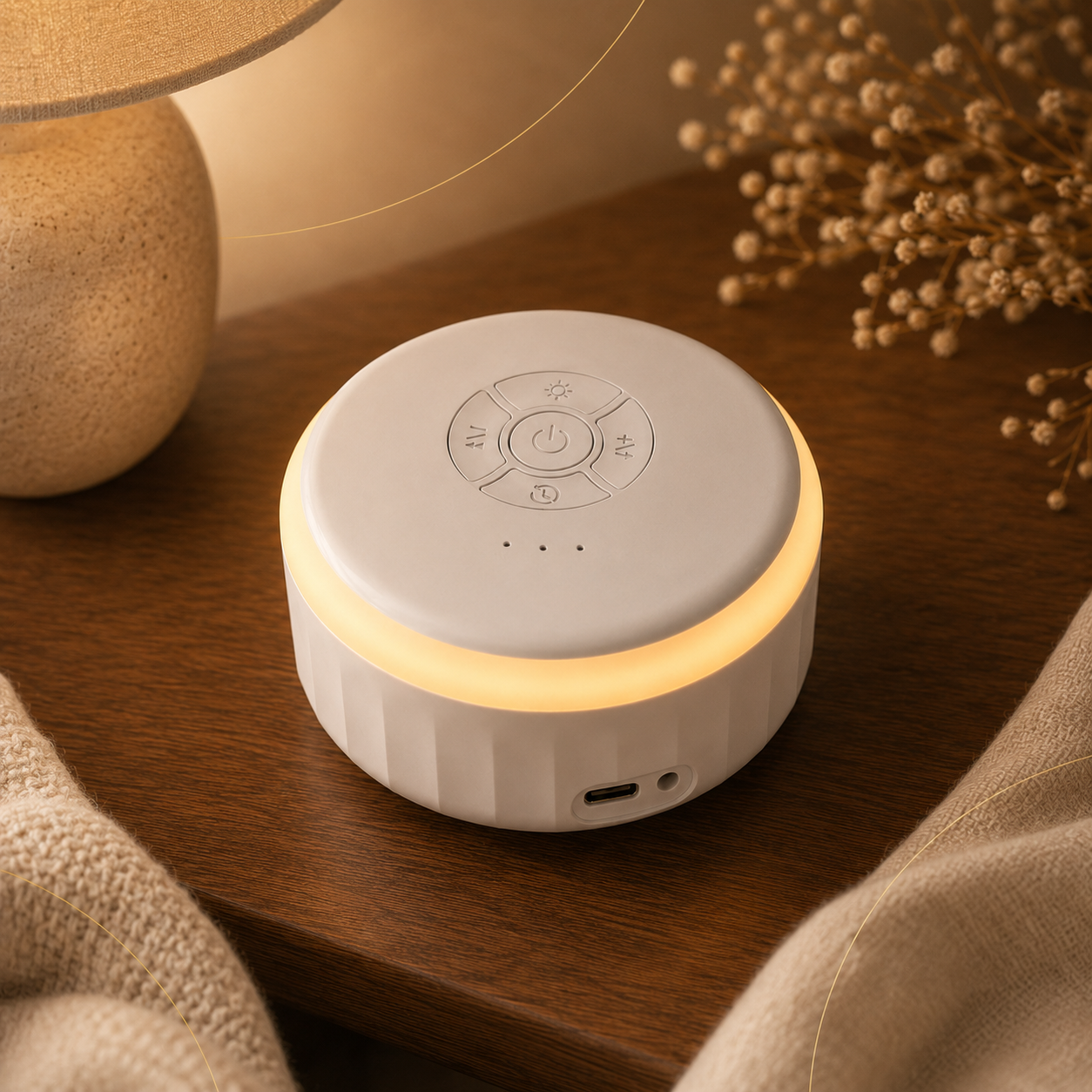 Close view of the white noise machine controls and USB-C port