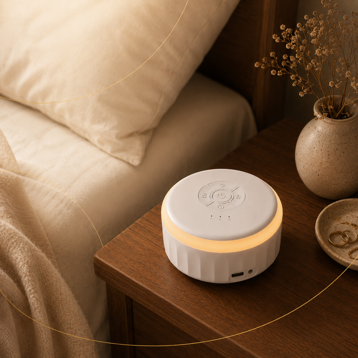 DaeNeu portable white noise machine glowing beside a bed