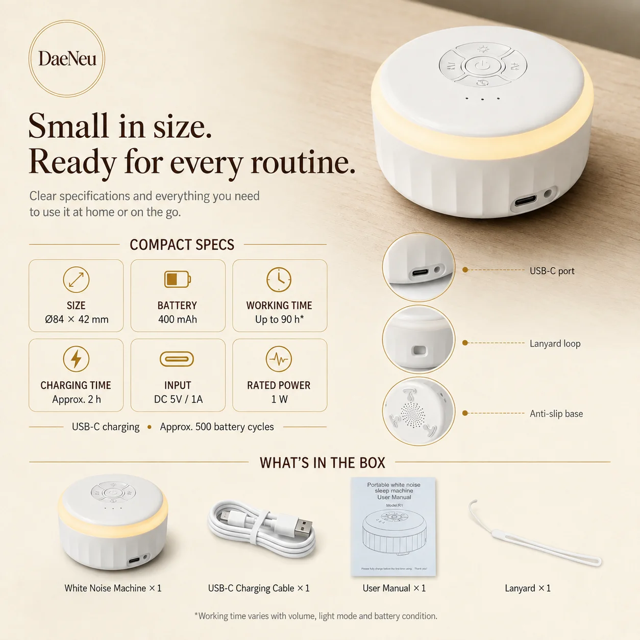 White noise machine specifications and package contents
